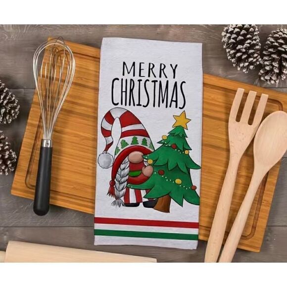 NWT Set Of 2 Holly Jolly Christmas Santa Gnome Kitchen Hand Towels - Picture 3 of 4